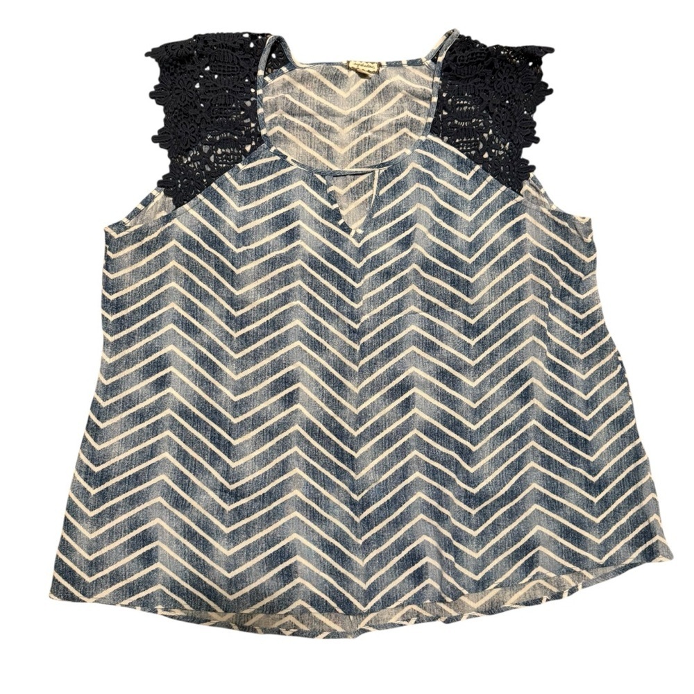 EYESHADOW Chevron Patterned Top with Lace Sleeves, Denim Blue/ Ivory, size 1X